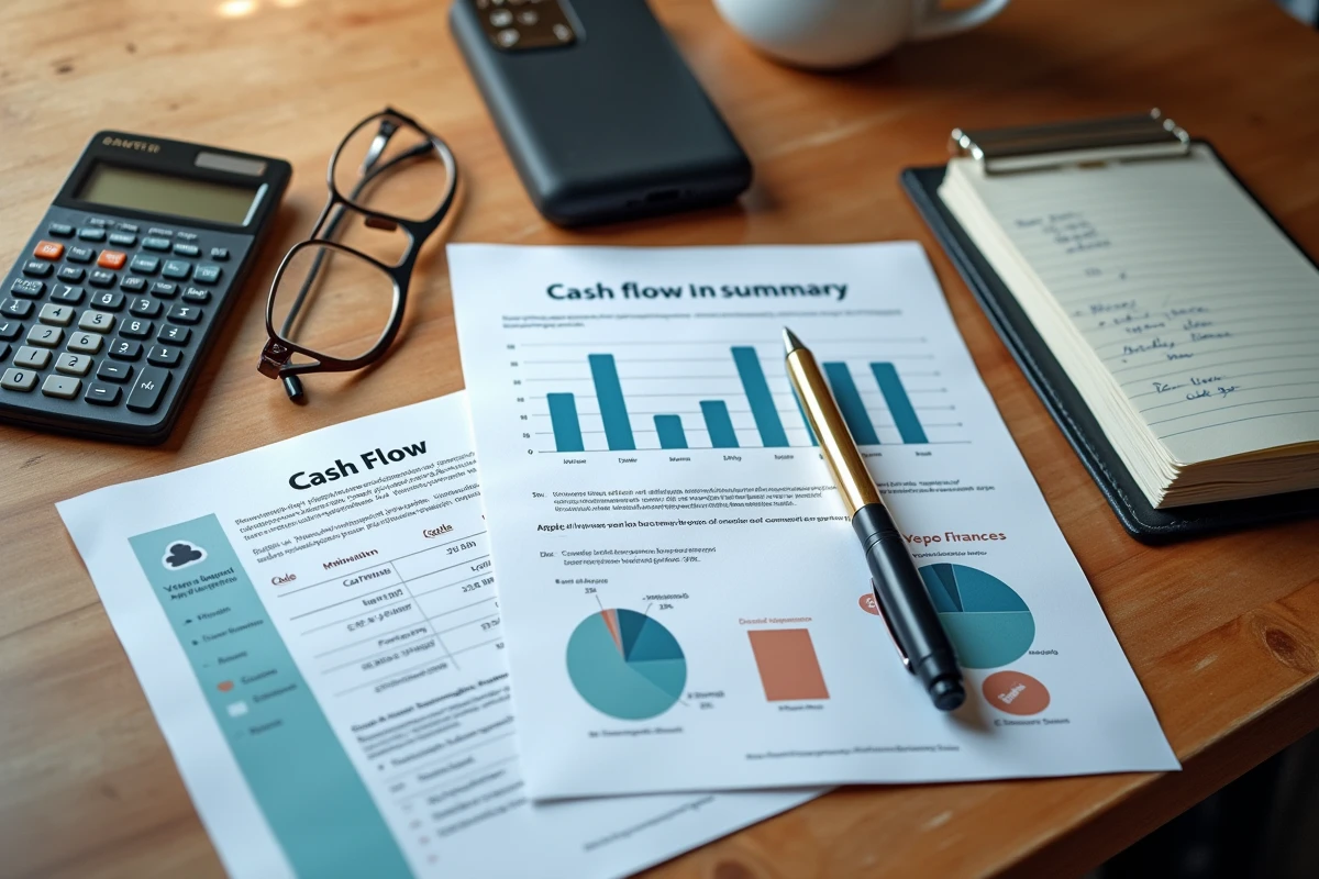 Vue aérienne d'un bureau avec documents de trésorerie, smartphone bancaire et calculatrice