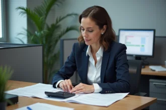 Fonctionnaire calculant sa fiche de paie nette dans un bureau administratif avec des documents officiels