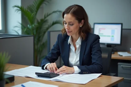 Fonctionnaire calculant sa fiche de paie nette dans un bureau administratif avec des documents officiels