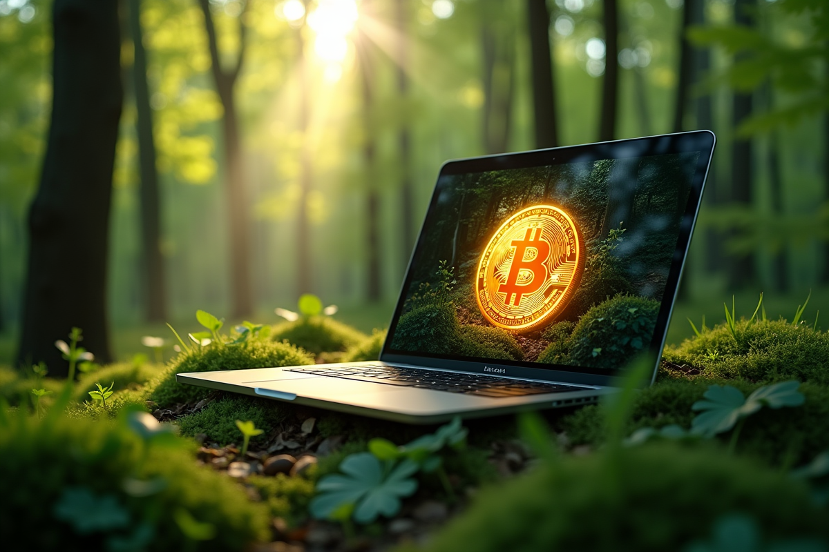 Forêt verte avec ordinateur portable affichant un symbole Bitcoin lumineux