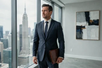 Homme d'affaires prospère en costume marine contemplant une métropole financière depuis un bureau en verre, symbolisant la fortune et l'investissement