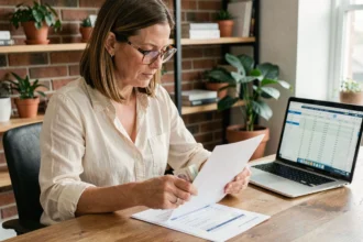 Freelance femme comptant des billets et vérifiant une facture dans un bureau à domicile organisé