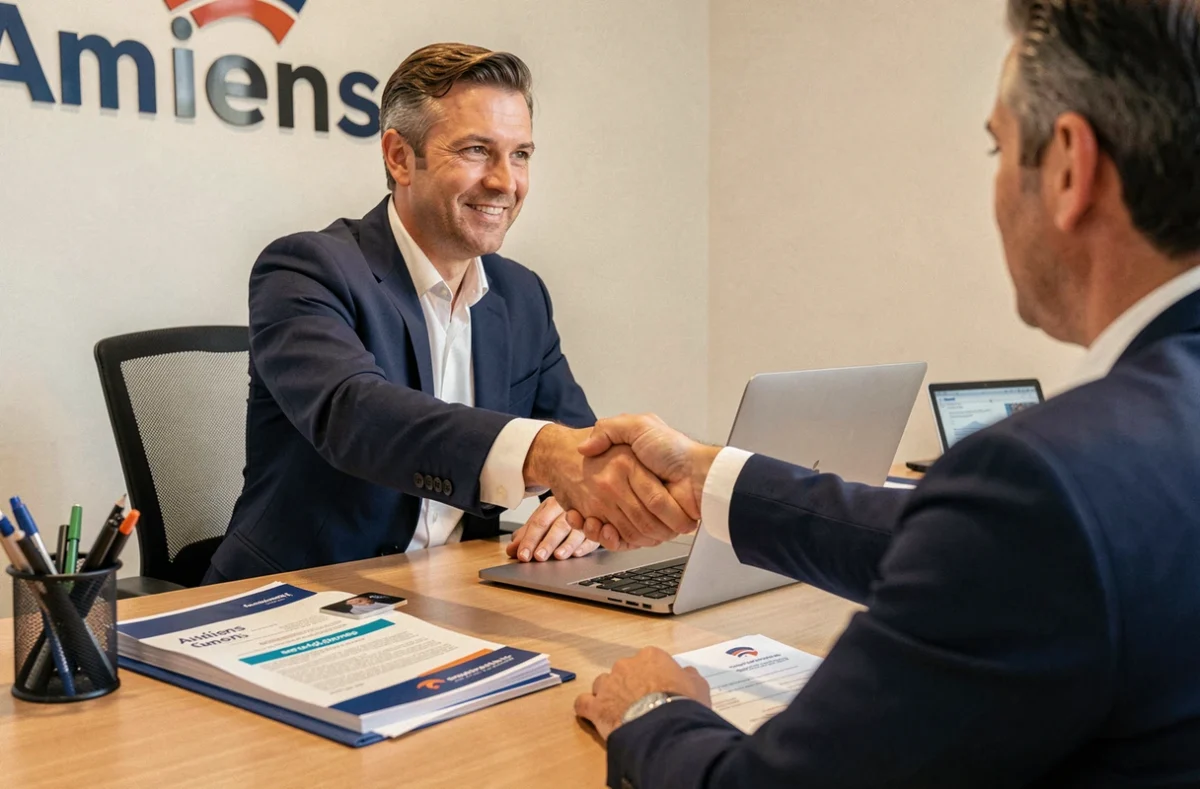 Conseiller de Gan Patrimoine Amiens finalisant un accord avec un client dans un bureau patrimonial