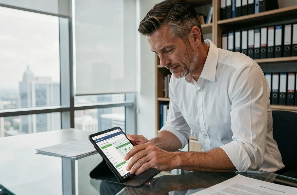 Entrepreneur consultant consultant des tableaux de gestion comptable automatisée sur tablette dans un bureau privé