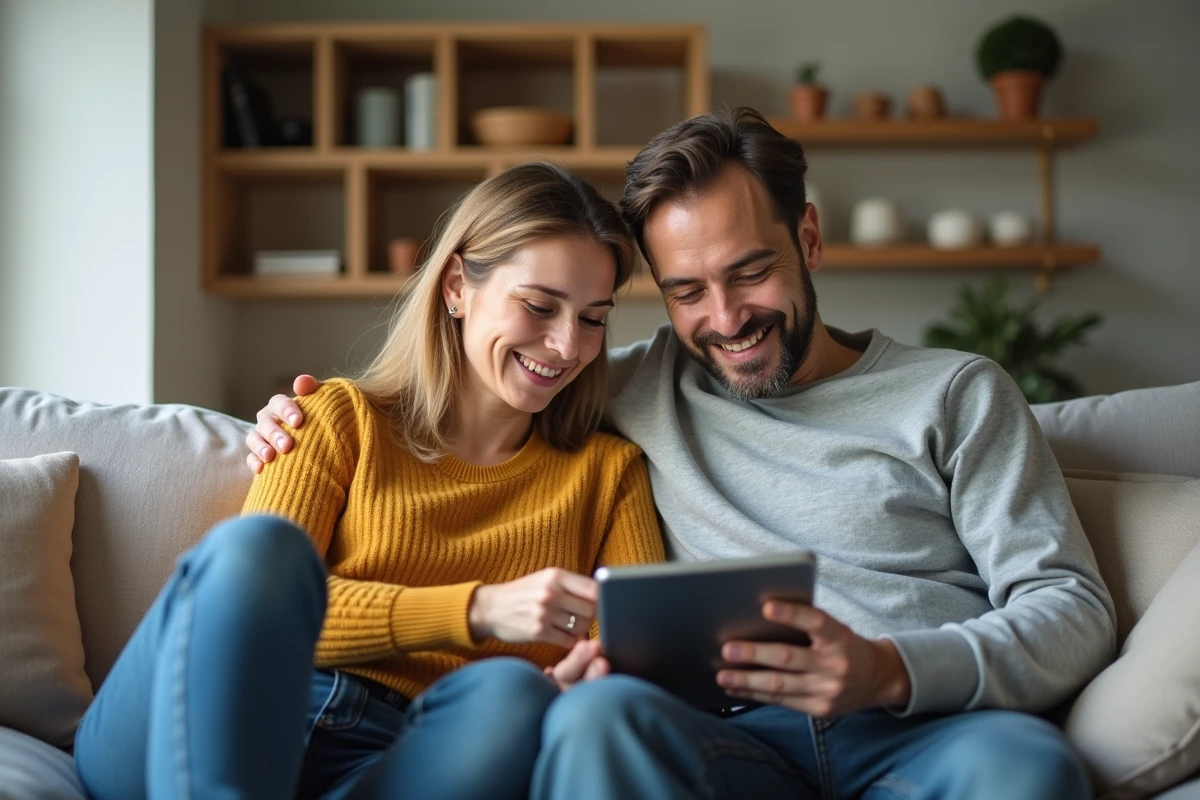 Couple consultant leurs comptes Crédit Agricole sur tablette à domicile