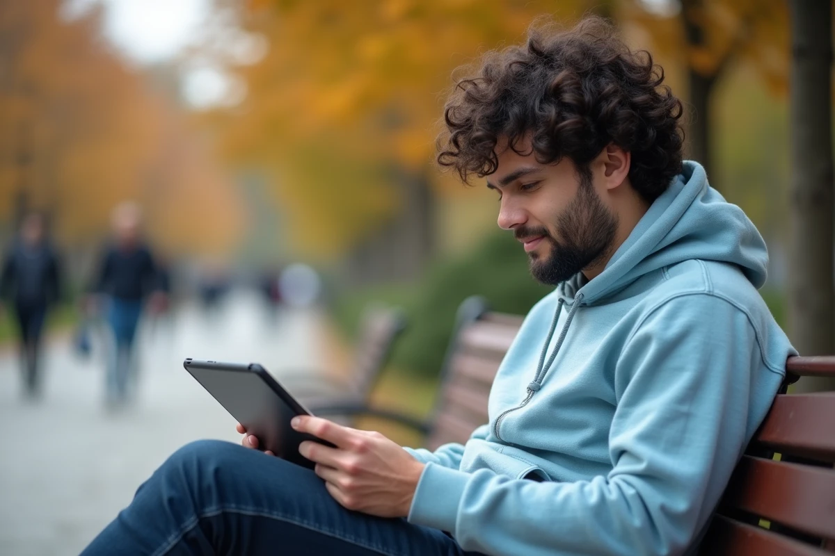 Jeune homme gérant ses comptes bancaires Crédit Maritime sur tablette et mobile en extérieur dans un parc urbain