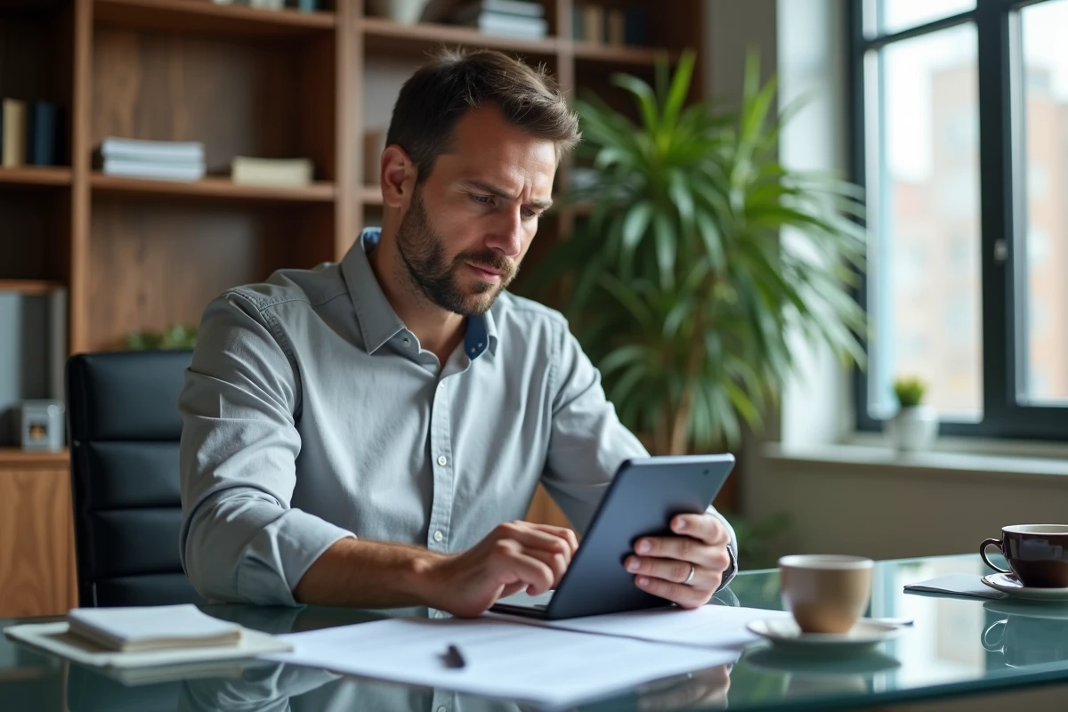 Homme d'affaires gérant le suivi de financements clients sur tablette et smartphone depuis un bureau à domicile professionnel
