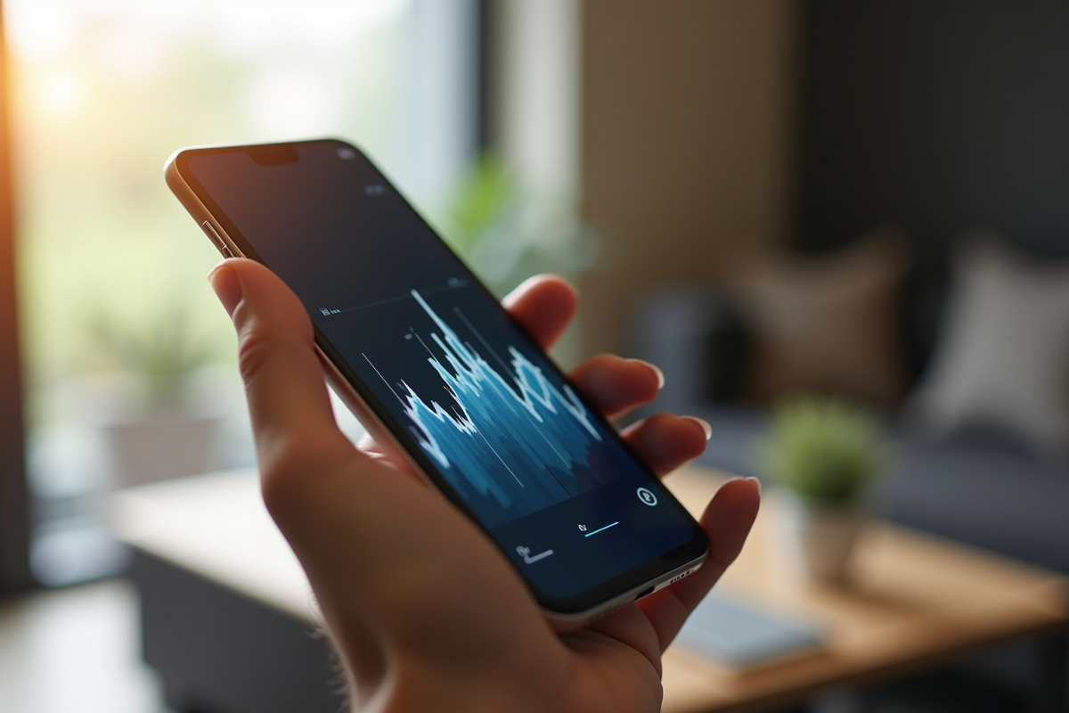 Main tenant un smartphone avec graphique boursier dynamique