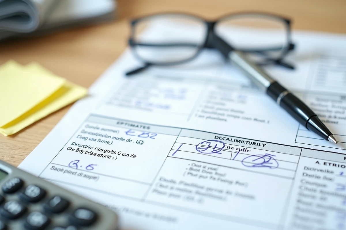 Gros plan sur le formulaire H1 impôt posé sur une table avec stylo, calculatrice et documents fiscaux