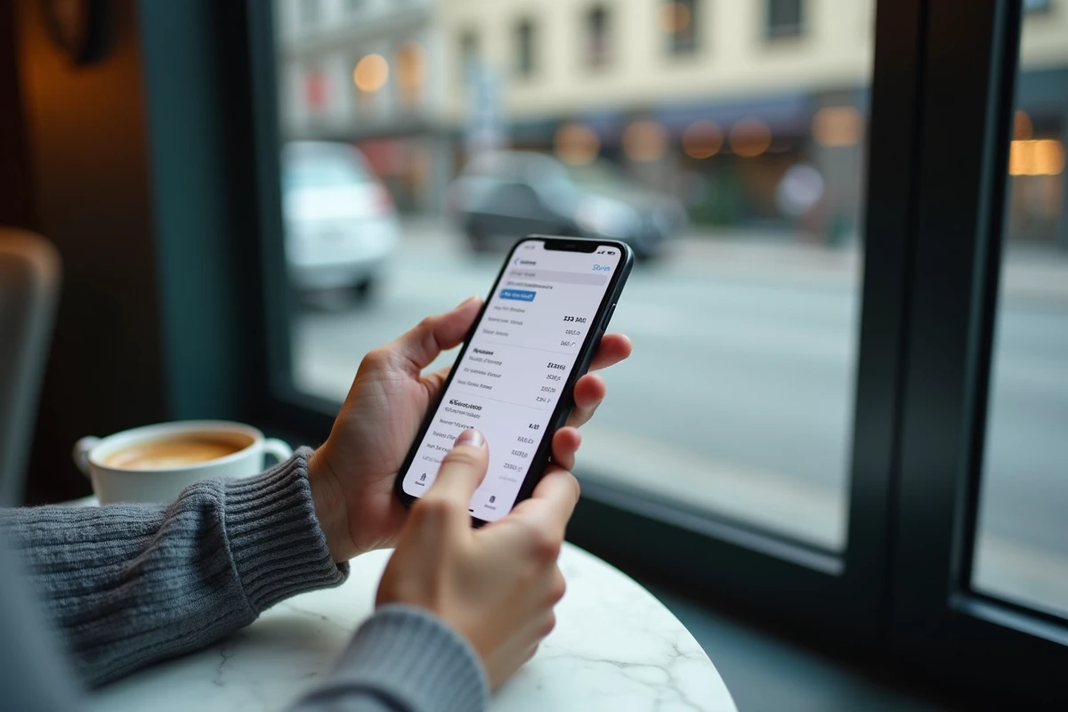 Gros plan sur un smartphone affichant les libellés de paiement dans une application bancaire mobile