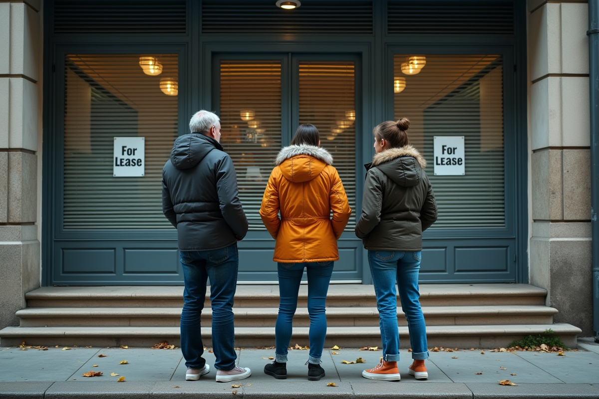 Groupe de personnes devant une banque fermée en automne