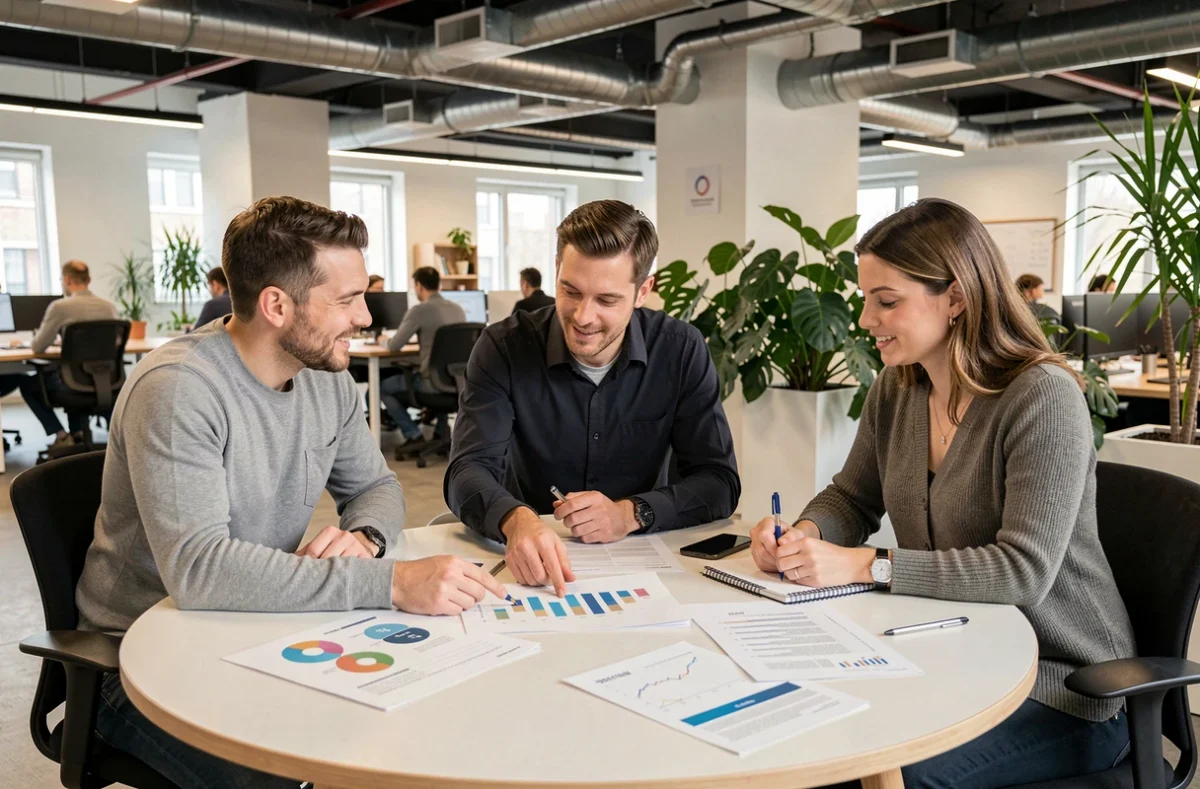 Groupe d'investisseurs débutants réunis autour d'une table de co-working pour analyser des stratégies financières et des modèles de fortune entrepreneuriale
