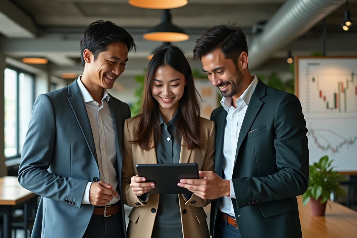Groupe de jeunes investisseurs débutants analysant ensemble l'ouverture de la bourse asiatique sur une tablette dans un espace de coworking