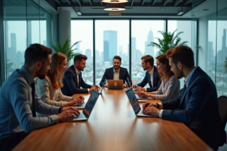 Groupe de professionnels autour d'une table avec graphiques crypto