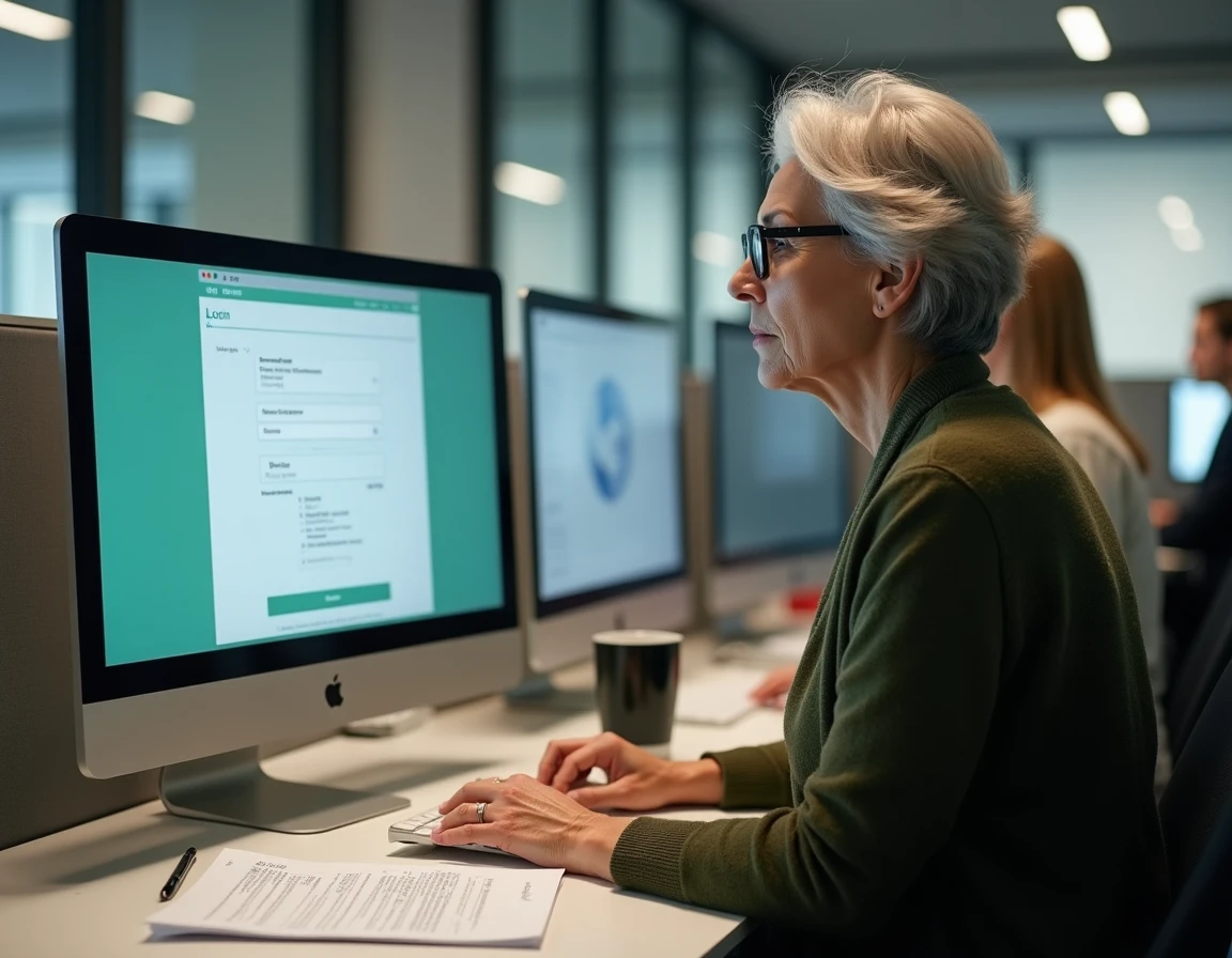 Femme senior suivant un guide de connexion à l'espace client Progéliance sur un ordinateur de bureau au bureau