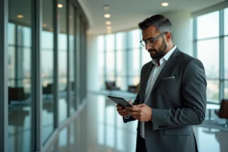Homme d'affaires algérien en costume dans un lobby de bureau moderne symbolisant la réussite entrepreneuriale