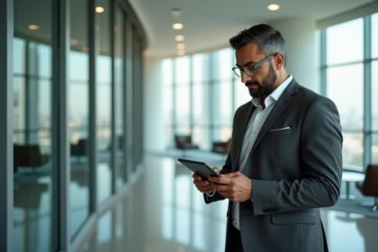 Homme d'affaires algérien en costume dans un lobby de bureau moderne symbolisant la réussite entrepreneuriale