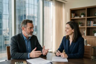 Homme d'affaires et broker en réunion dans un bureau moderne