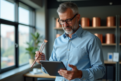 Homme d'affaires examinant un câble cuivre et un graphique