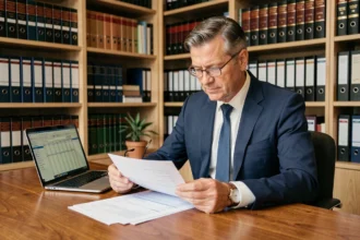Homme d'affaires examinant des documents sur les statuts SCPI dans un bureau moderne parisien