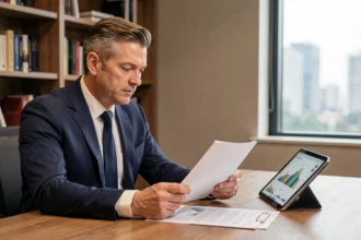 Un homme d'affaires analyse des documents fiscaux liés à l'investissement en SCPI dans un bureau moderne