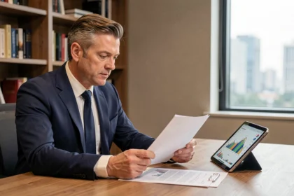Un homme d'affaires analyse des documents fiscaux liés à l'investissement en SCPI dans un bureau moderne
