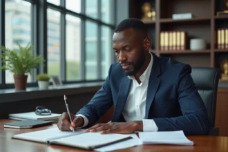 Homme d'affaires ouest-africain en costume bleu dans un bureau