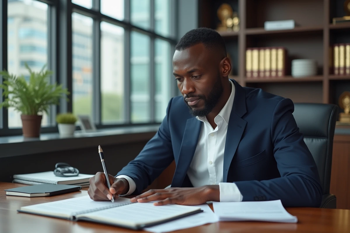 Homme d'affaires ouest-africain en costume bleu dans un bureau