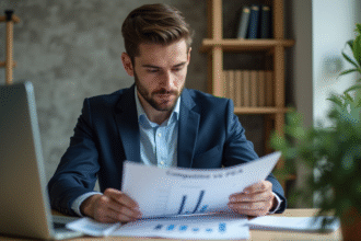 Jeune homme en costume examine un document financier dans un bureau