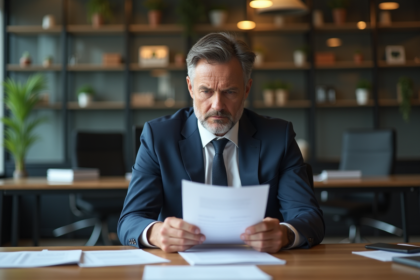 Homme d'affaires sérieux tenant un rapport financier dans un bureau moderne