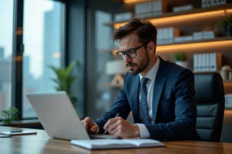 Homme d affaires en costume analysant des graphiques boursiers