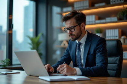 Homme d affaires en costume analysant des graphiques boursiers