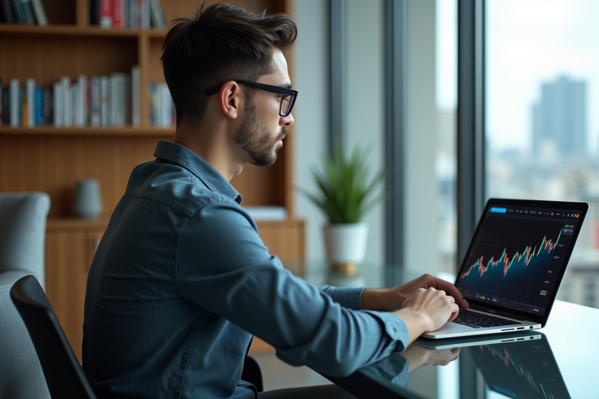 Jeune homme analysant graphiques XRP sur son ordinateur