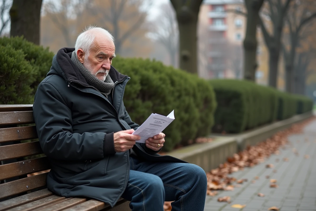 Homme âgé assis sur un banc dans un parc en regardant une brochure