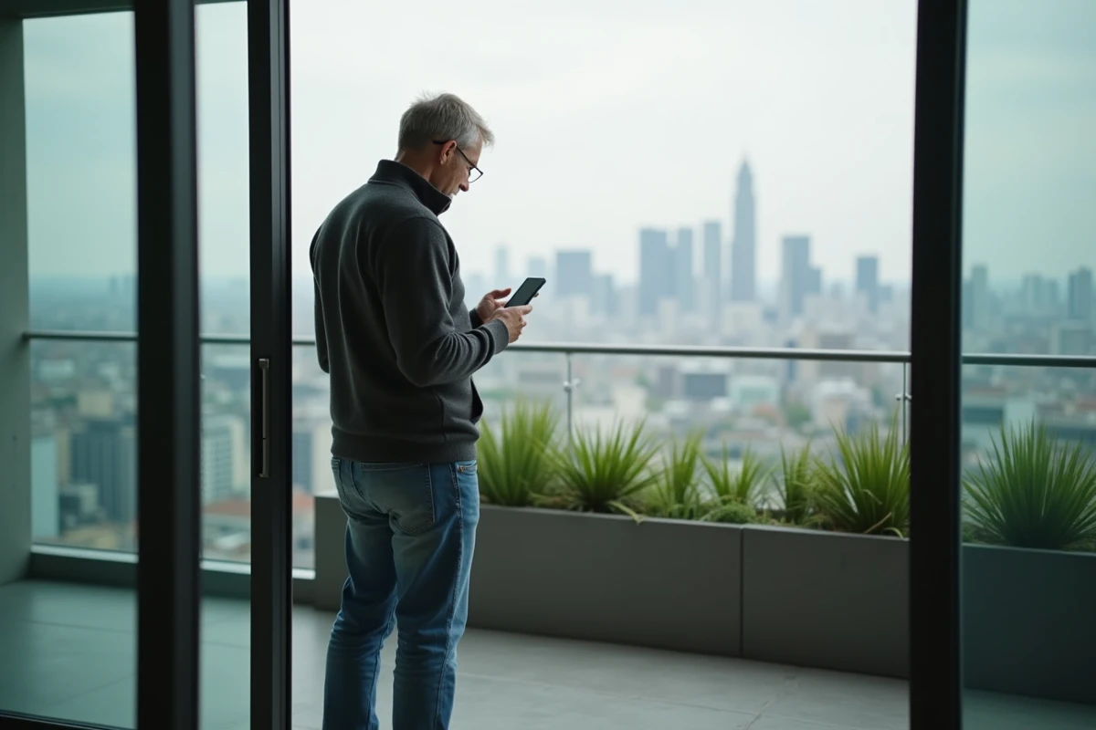 Homme regarde la ville depuis un balcon en tenant son smartphone