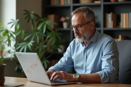 Homme d'âge moyen travaillant sur un graphique des prix du bronze