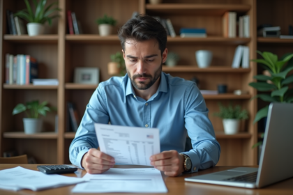 Homme d'affaires regardant une facture dans un bureau moderne