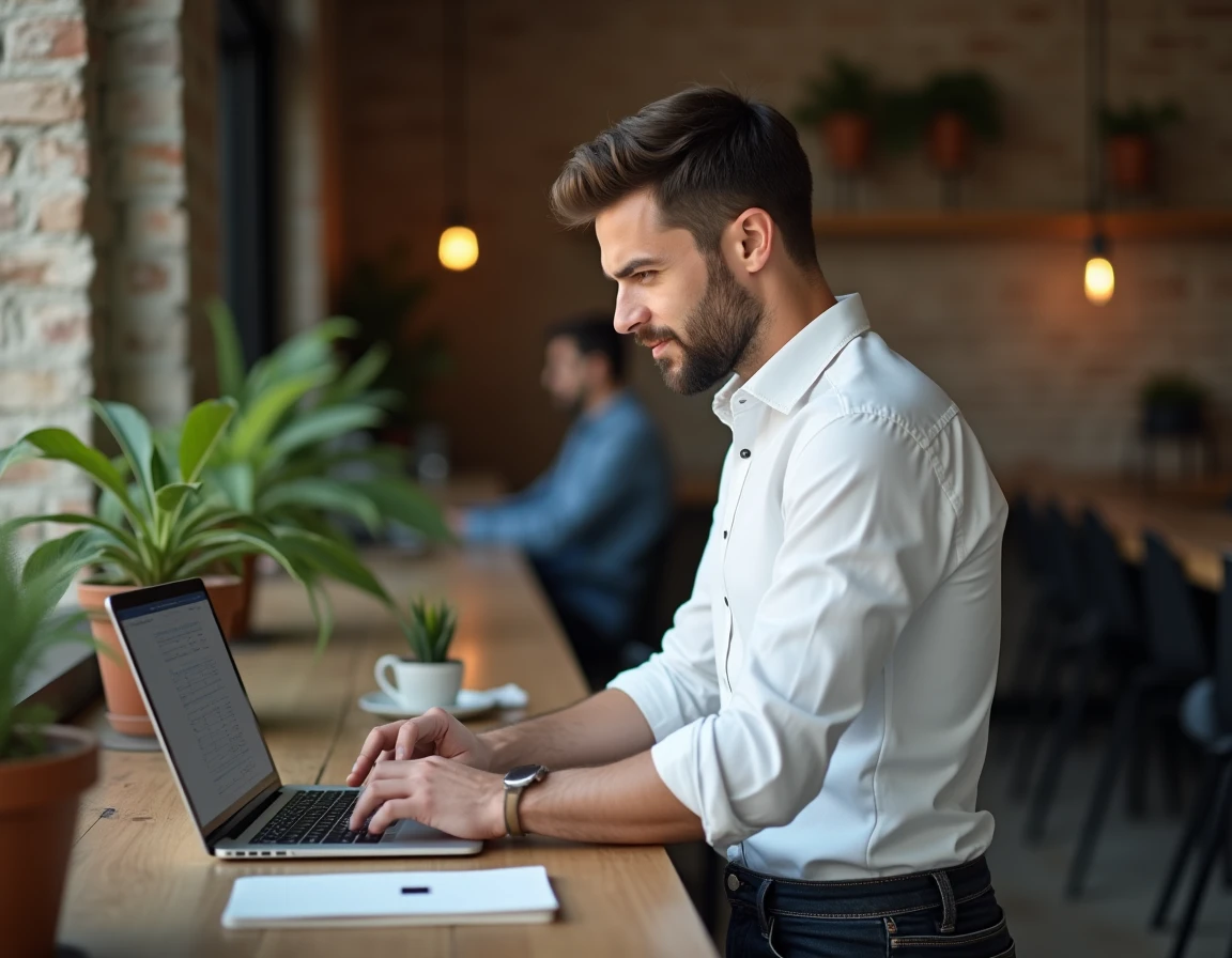 Homme vérifiant son éligibilité à la prime d'activité sur un ordinateur portable au travail