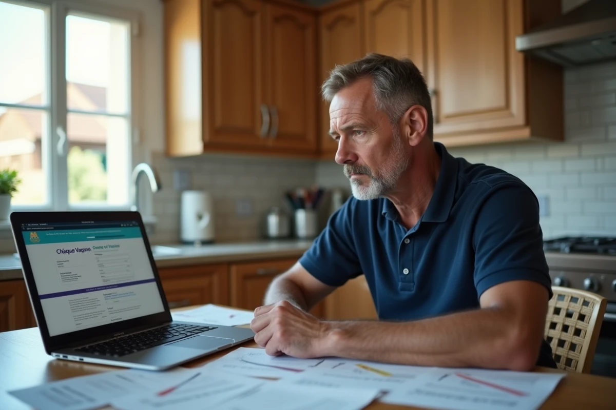 Homme consultant des chèques vacances et un site gouvernemental sur son ordinateur portable à une table de cuisine, pour comprendre comment utiliser ses chèques vacances en carburant en 2026