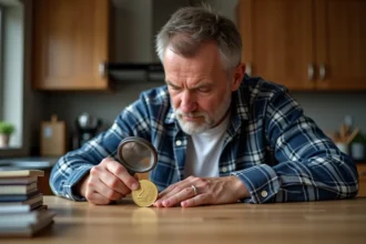 Homme concentré examinant une pièce JO 2026