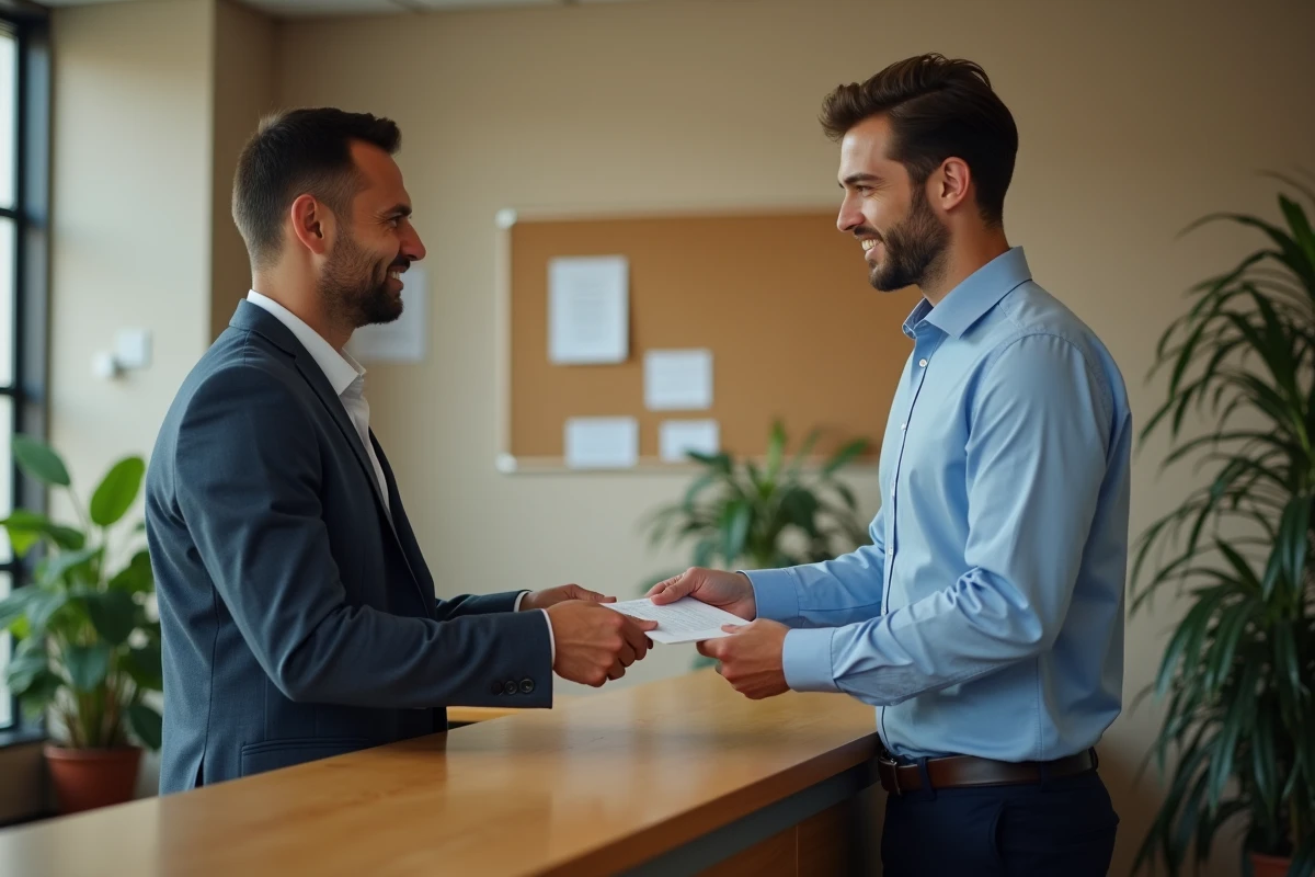 Homme remettant une lettre dans un bureau de banque