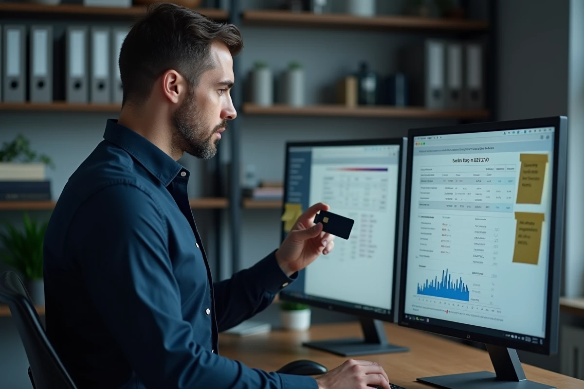 Homme comparant les taux de cashback sur différentes plateformes e-commerce depuis son bureau à domicile