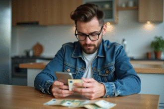 Homme en denim comptant des billets dans la cuisine