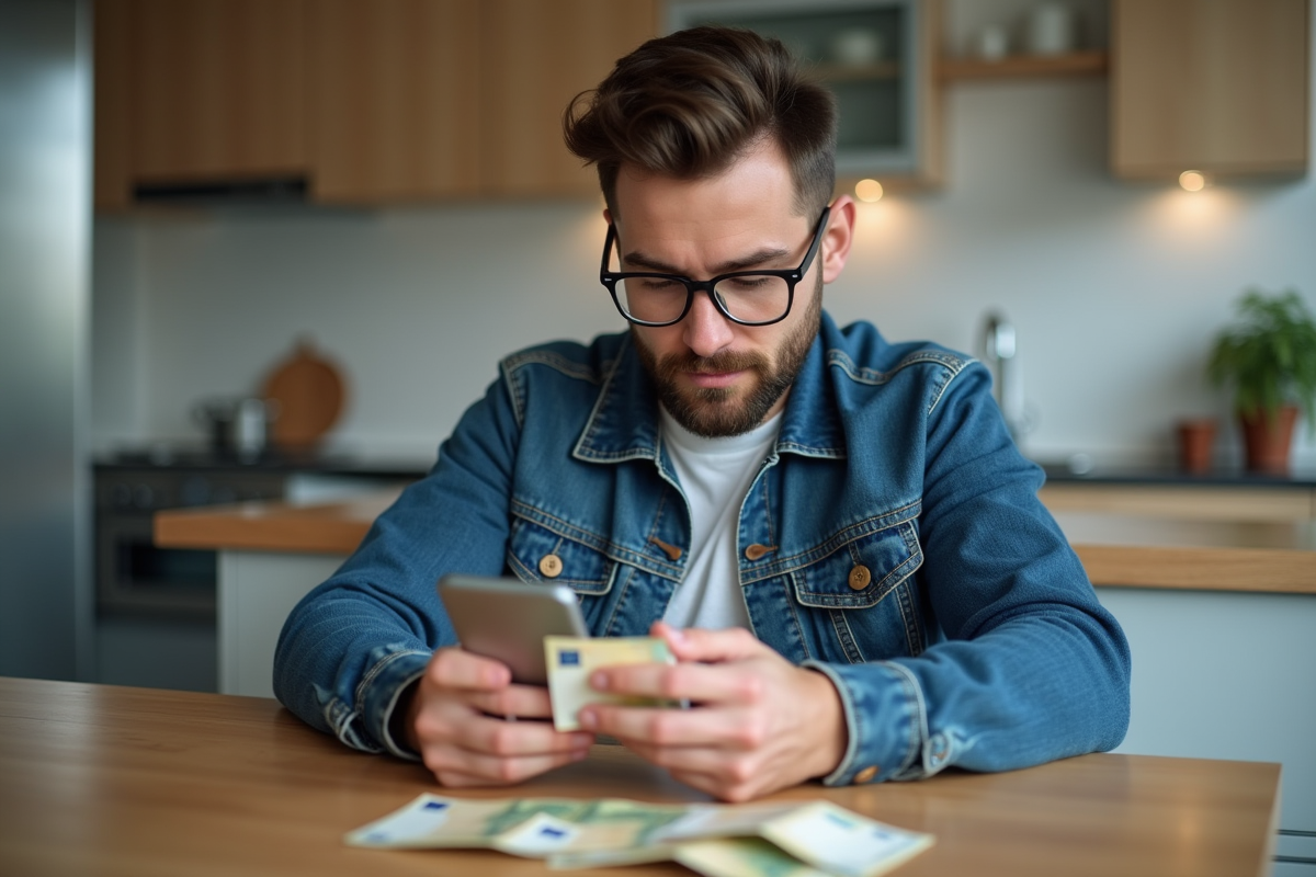 Homme en denim comptant des billets dans la cuisine