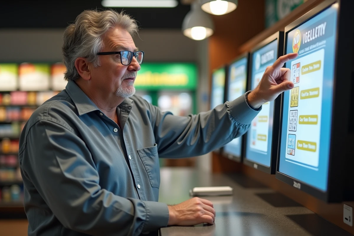Homme au bureau de loterie analysant les options de jeu EuroMillions dont l'Étoile Plus