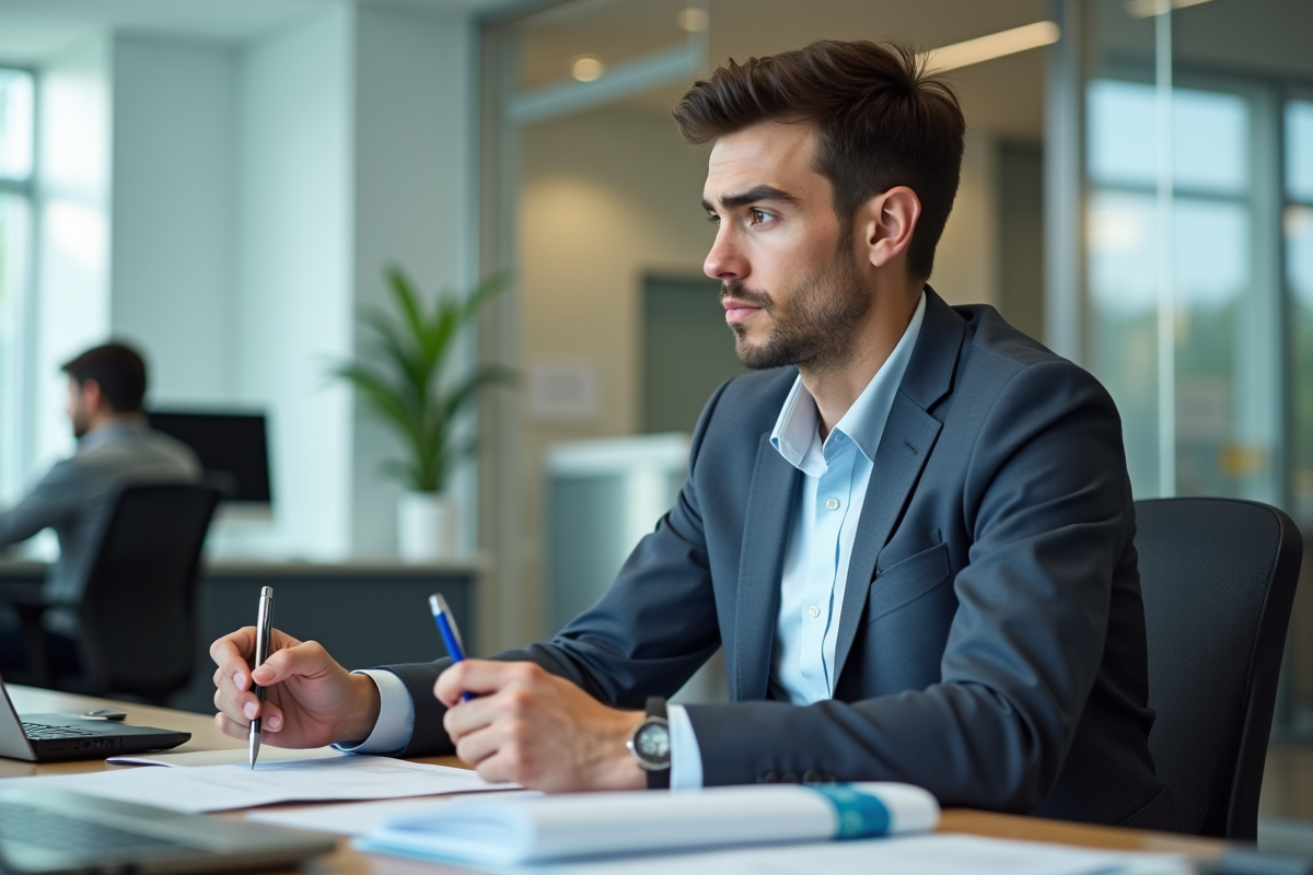 Homme en réunion dans un bureau bancaire moderne