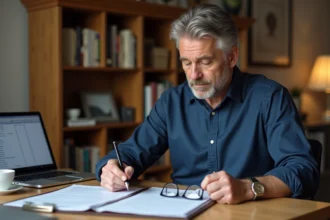Homme consultant un contrat d'assurance vie et des documents financiers à son bureau, calculant le montant net après impôts et prélèvements sociaux