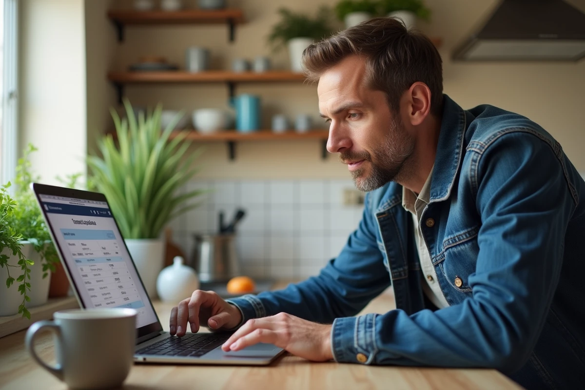 Homme consultant les libellés de transaction sur son interface bancaire en ligne depuis son domicile