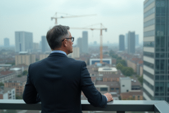Homme d'affaires regardant la ville depuis un balcon urbain