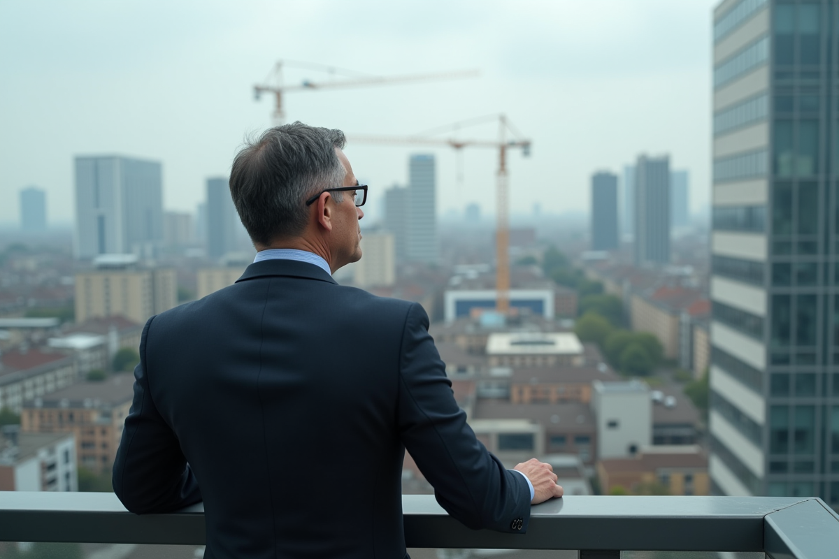 Homme d'affaires regardant la ville depuis un balcon urbain